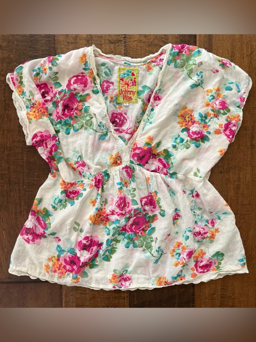 Johnny Was 100% cotton floral, flowy bohemian top with empire waist, Sz. Large